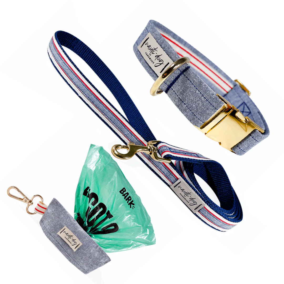 Chambray Oxford Denim Collar, Leash & Wastebag Dispenser Walking Set with Polished Gold Hardware