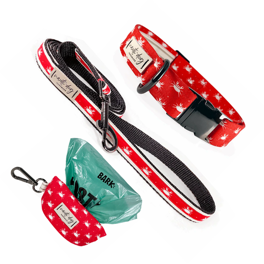 Crabby Red Maryland Crab Collar, Leash & Wastebag Dispenser Walking Set with Black Gunmetal Hardware