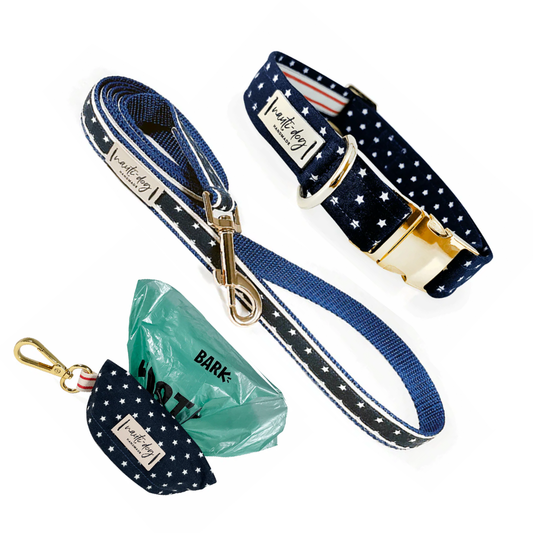 Independence Patriotic American Star Collar, Leash & Wastebag Dispenser Walking Set with Polished Gold Hardware
