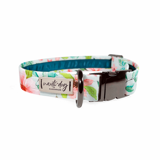 Magnolia Watercolor Spring Floral Buckle & Martingale Dog Collar with black gun metal hardware