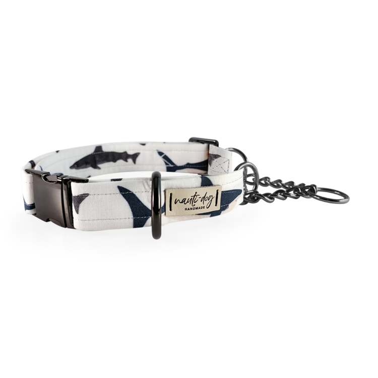 Shark! Chain Martingale Dog Collar with black gun metal hardware