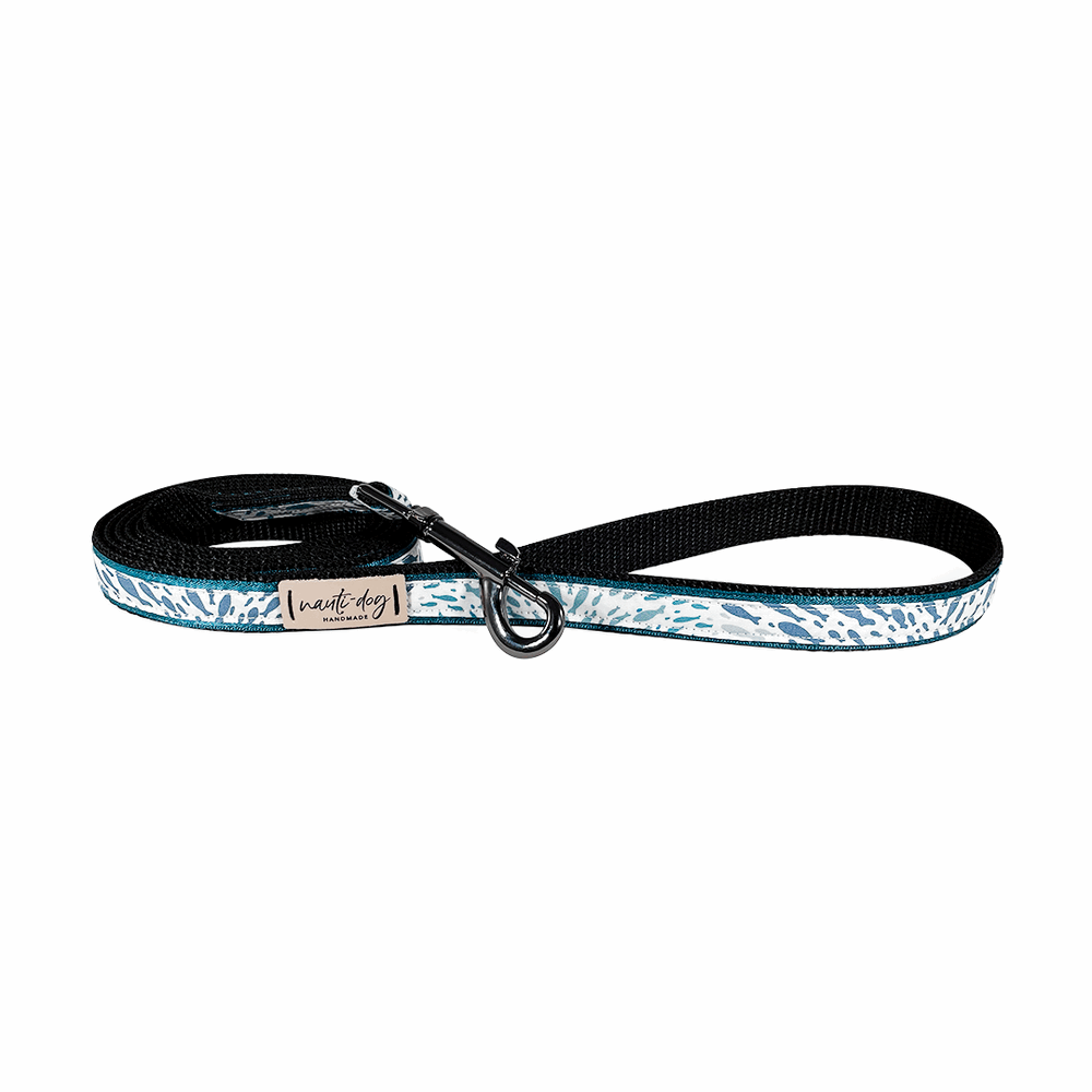 Shoal School of Fish Ribbon Dog Leash with black gun metal snap hardware