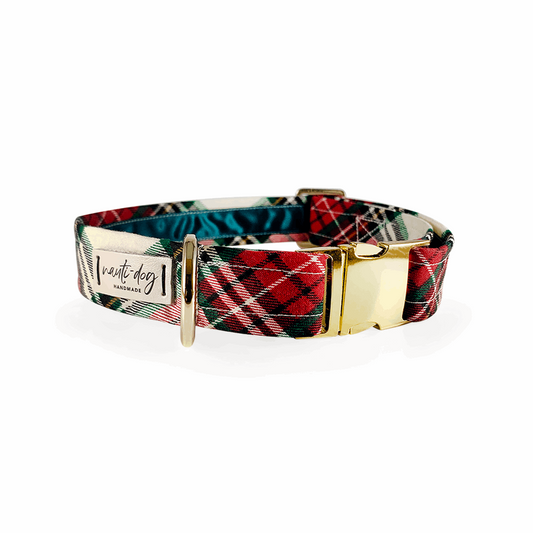 Sullivan Christmas Scottish Stewart Red & Green Tartan Plaid Buckle & Martingale Dog Collar with gold hardware